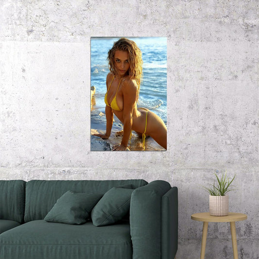 Hannah Ferguson Sexy Beach Pose Hot Yellow Swimsuit Poster Wall Art Print Home Wall Decor - xonomax
