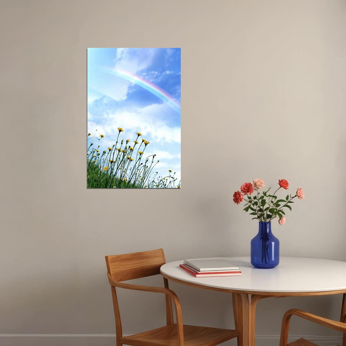 Clear Sky Rainbow Field Of Flowers Poster Wall Art Print Home Wall Decor - xonomax
