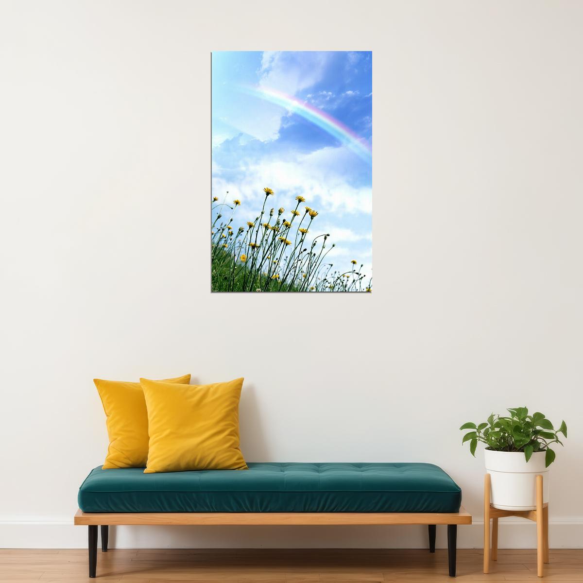 Clear Sky Rainbow Field Of Flowers Poster Wall Art Print Home Wall Decor - xonomax