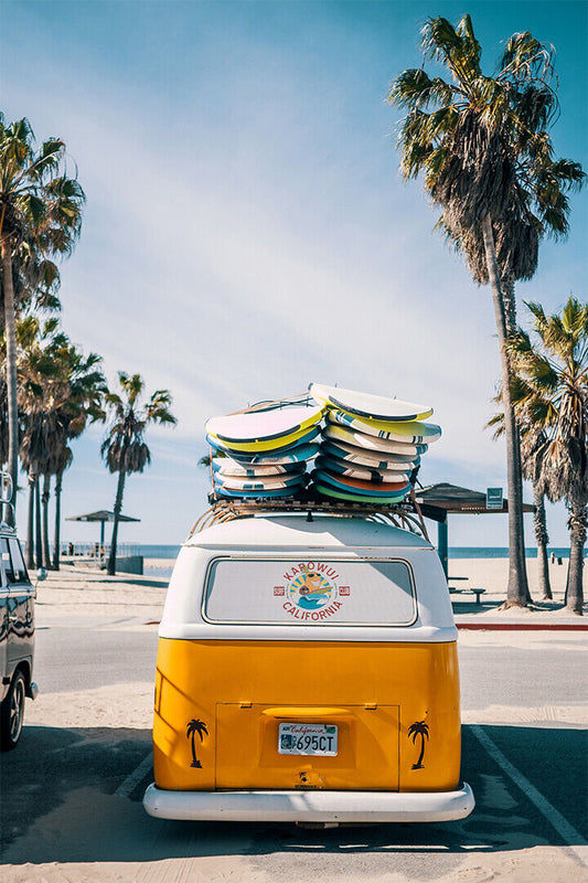 California Beach Van Ocean Palm Trees Surfboards Poster Wall Art Print Home Wall Decor - xonomax