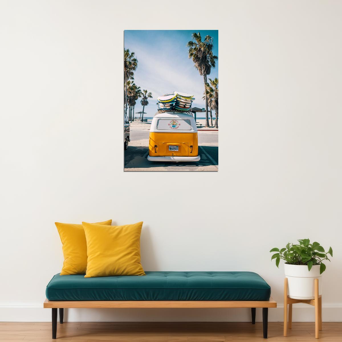 California Beach Van Ocean Palm Trees Surfboards Poster Wall Art Print Home Wall Decor - xonomax