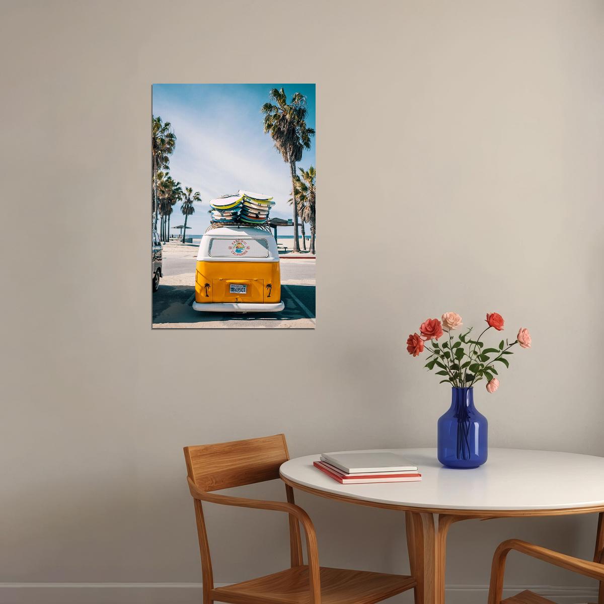 California Beach Van Ocean Palm Trees Surfboards Poster Wall Art Print Home Wall Decor - xonomax