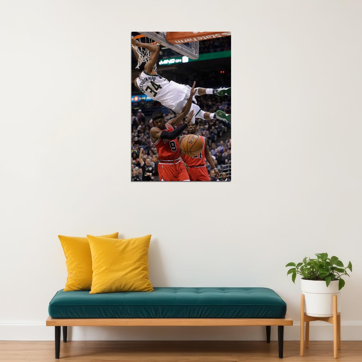 Giannis Antetokounmpo Dunk Milwaukee Basketball Poster Wall Art Print Home Wall Decor - xonomax