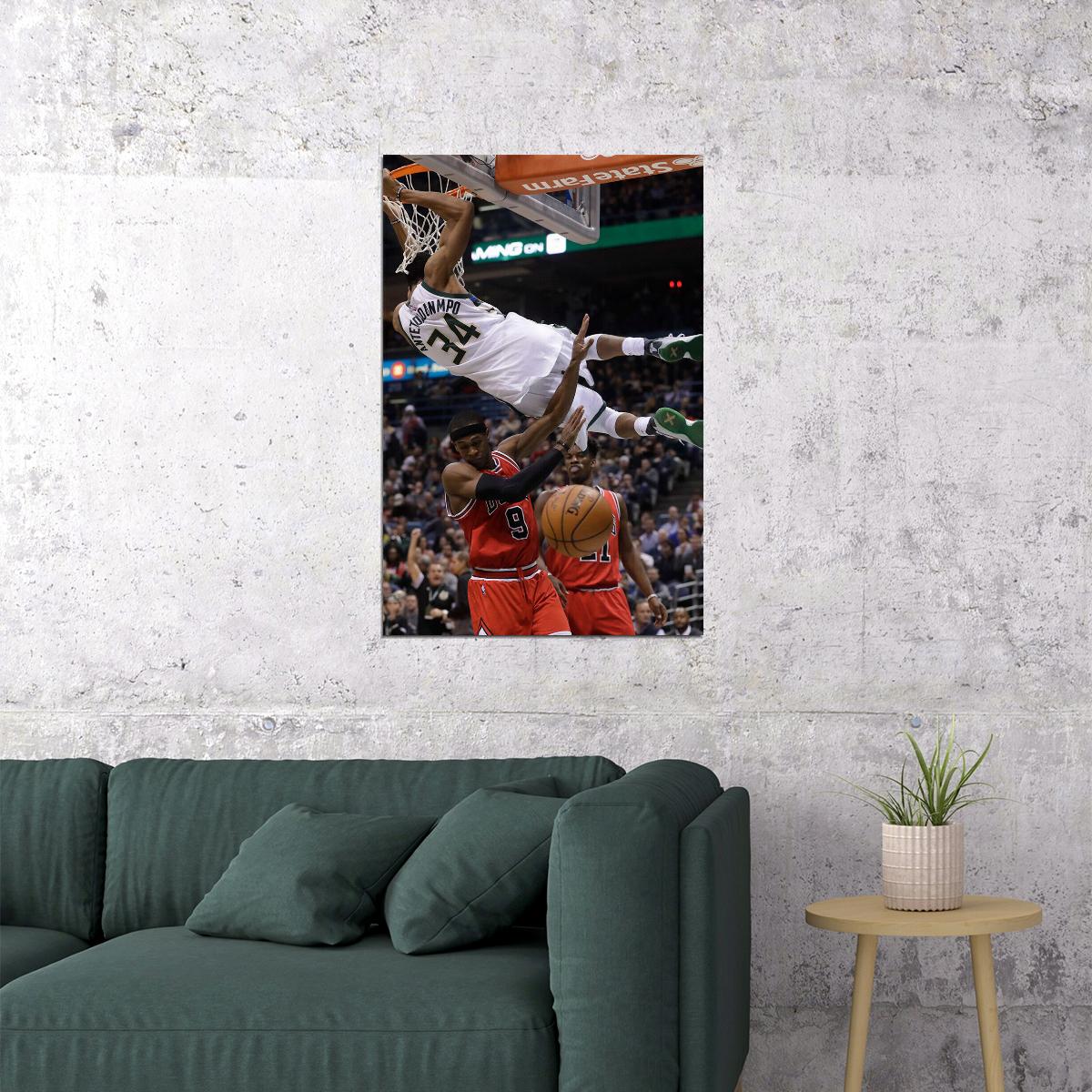 Giannis Antetokounmpo Dunk Milwaukee Basketball Poster Wall Art Print Home Wall Decor - xonomax