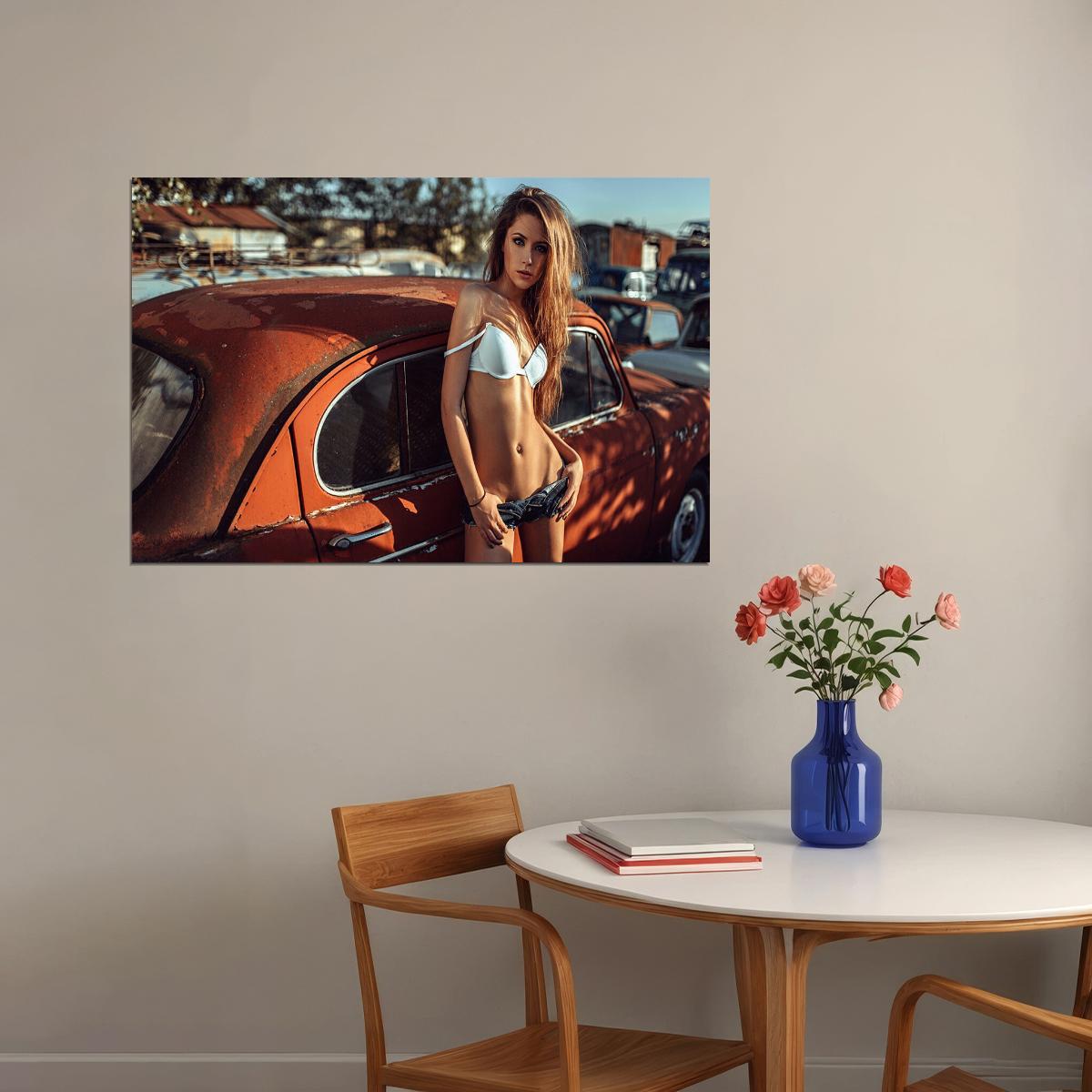 Model Woman Retro Car Cute Aesthetic Beautiful Girl Poster Wall Art Print Home Wall Decor - xonomax