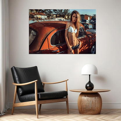 Model Woman Retro Car Cute Aesthetic Beautiful Girl Poster Wall Art Print Home Wall Decor - xonomax