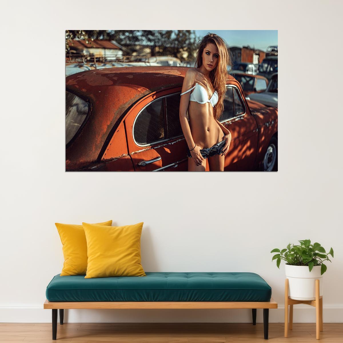 Model Woman Retro Car Cute Aesthetic Beautiful Girl Poster Wall Art Print Home Wall Decor - xonomax