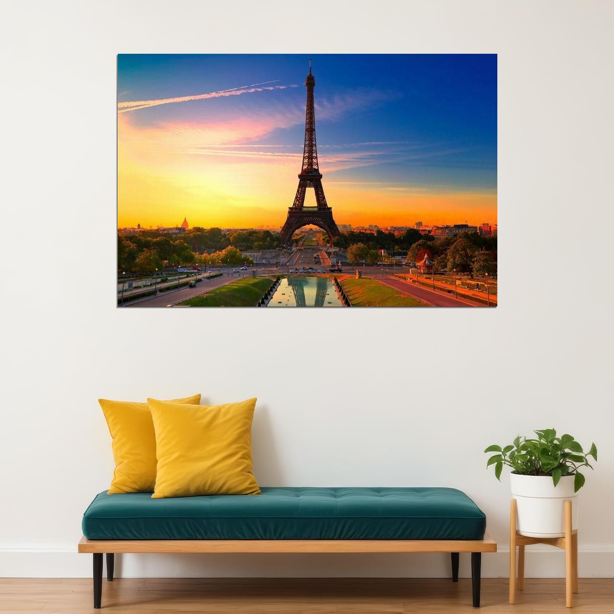 Morning Sunrise Paris Eiffel Tower Landscape France Poster Wall Art Print Home Wall Decor - xonomax