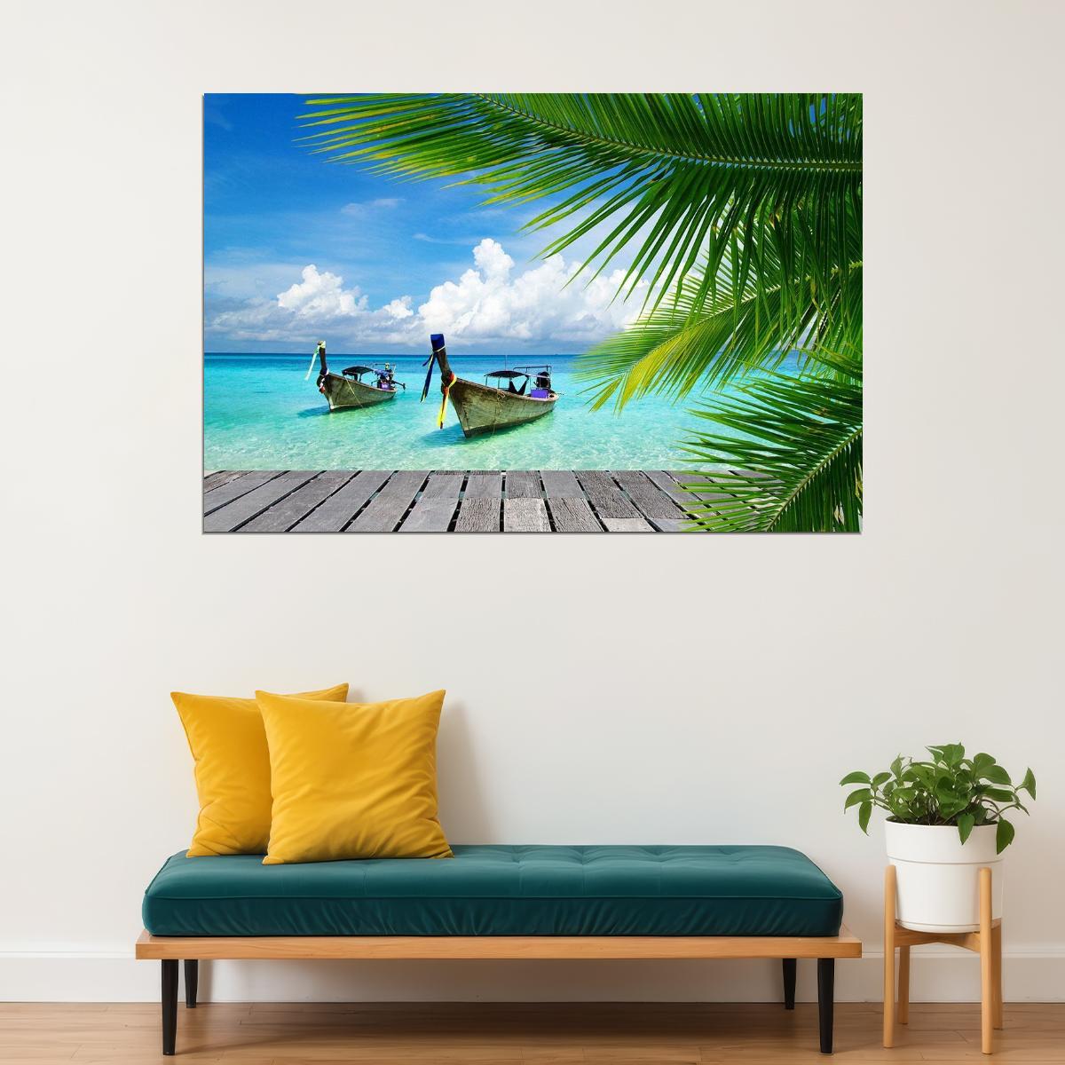 Summer Beach Palm Tree Boat Seascape Landspace Poster Wall Art Print Home Wall Decor - xonomax