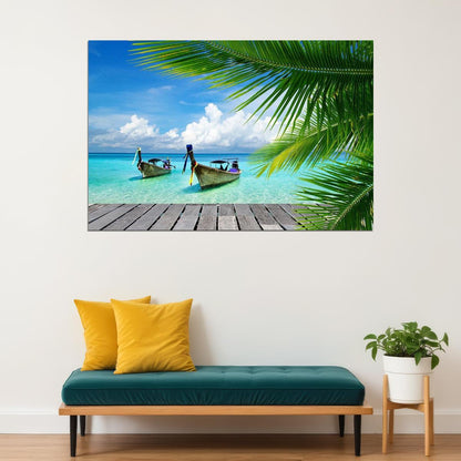 Summer Beach Palm Tree Boat Seascape Landspace Poster Wall Art Print Home Wall Decor - xonomax