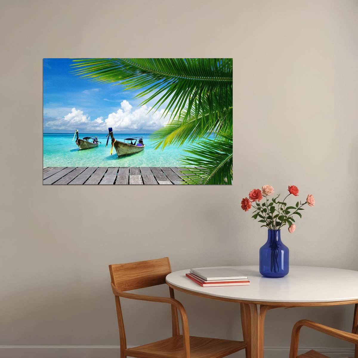 Summer Beach Palm Tree Boat Seascape Landspace Poster Wall Art Print Home Wall Decor - xonomax