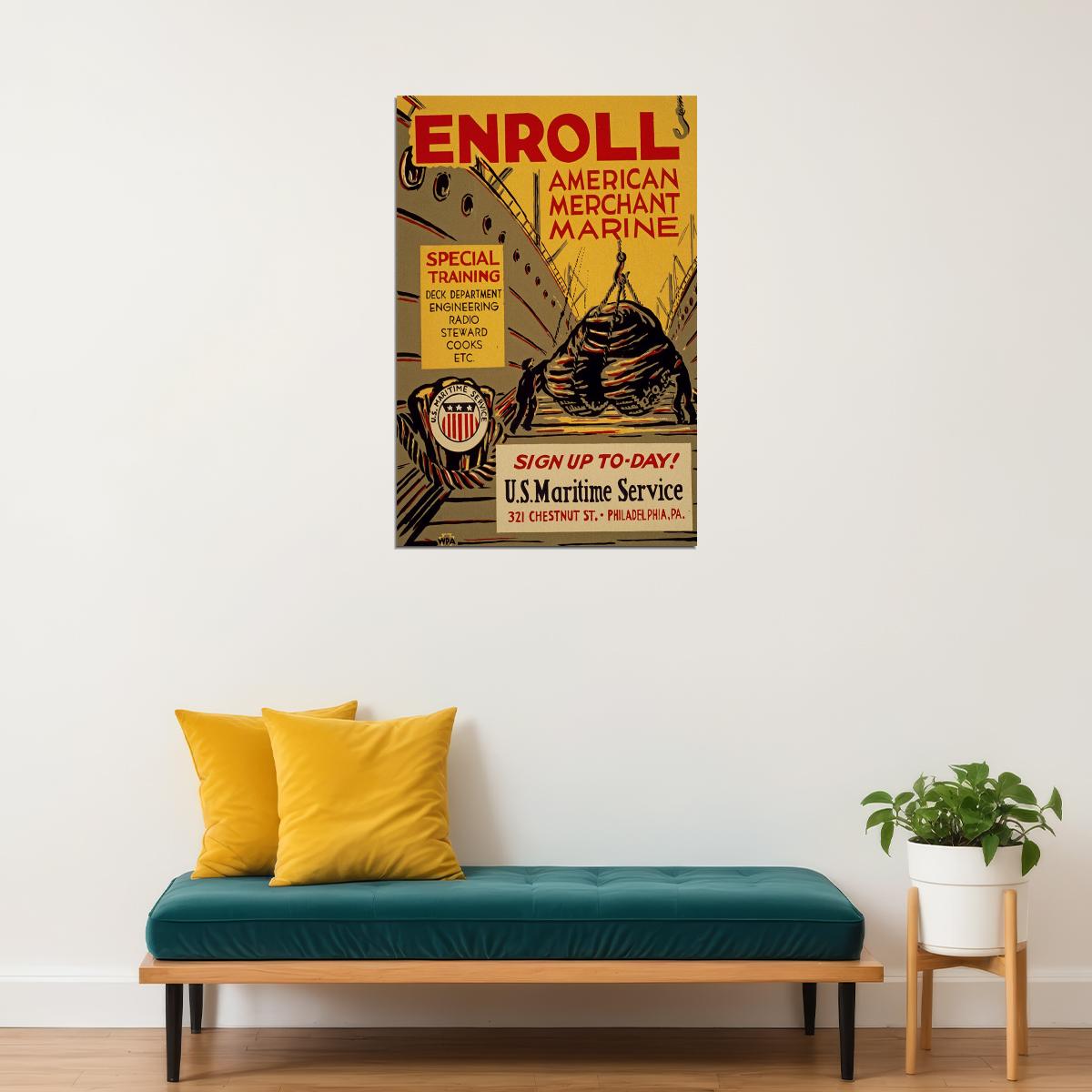 1940s Enroll American Merchant Marine Wwii Wpa Poster Wall Art Print Home Wall Decor - xonomax