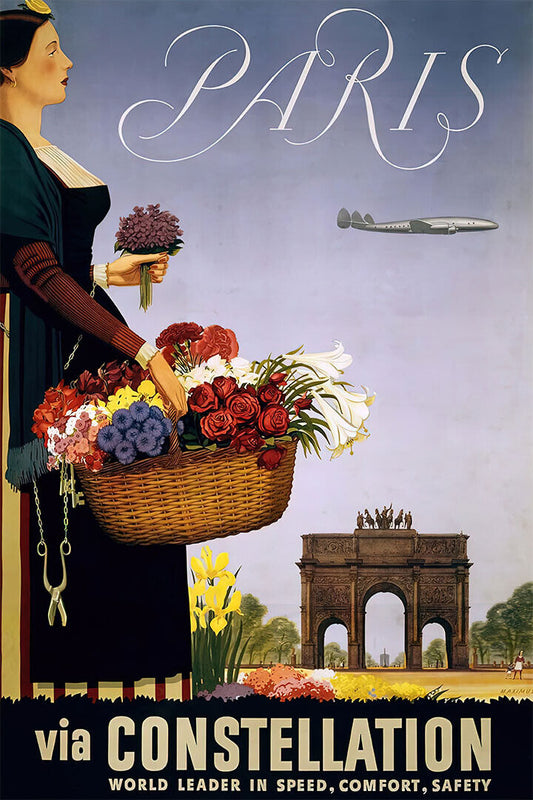 Fly To Paris France Via Constellation 1950s Vintage Travel Poster Wall Art Print Home Wall Decor - xonomax