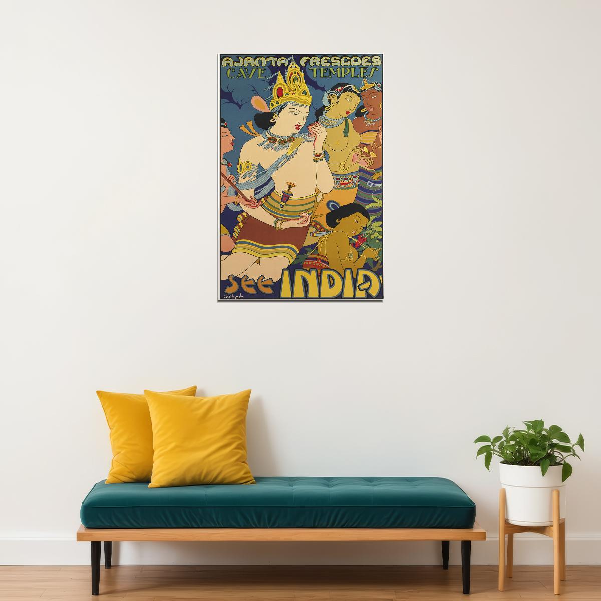 The Cave Temples And Ajanta Frescoes-1930s Indian Travel Poster Wall Art Print Home Wall Decor - xonomax