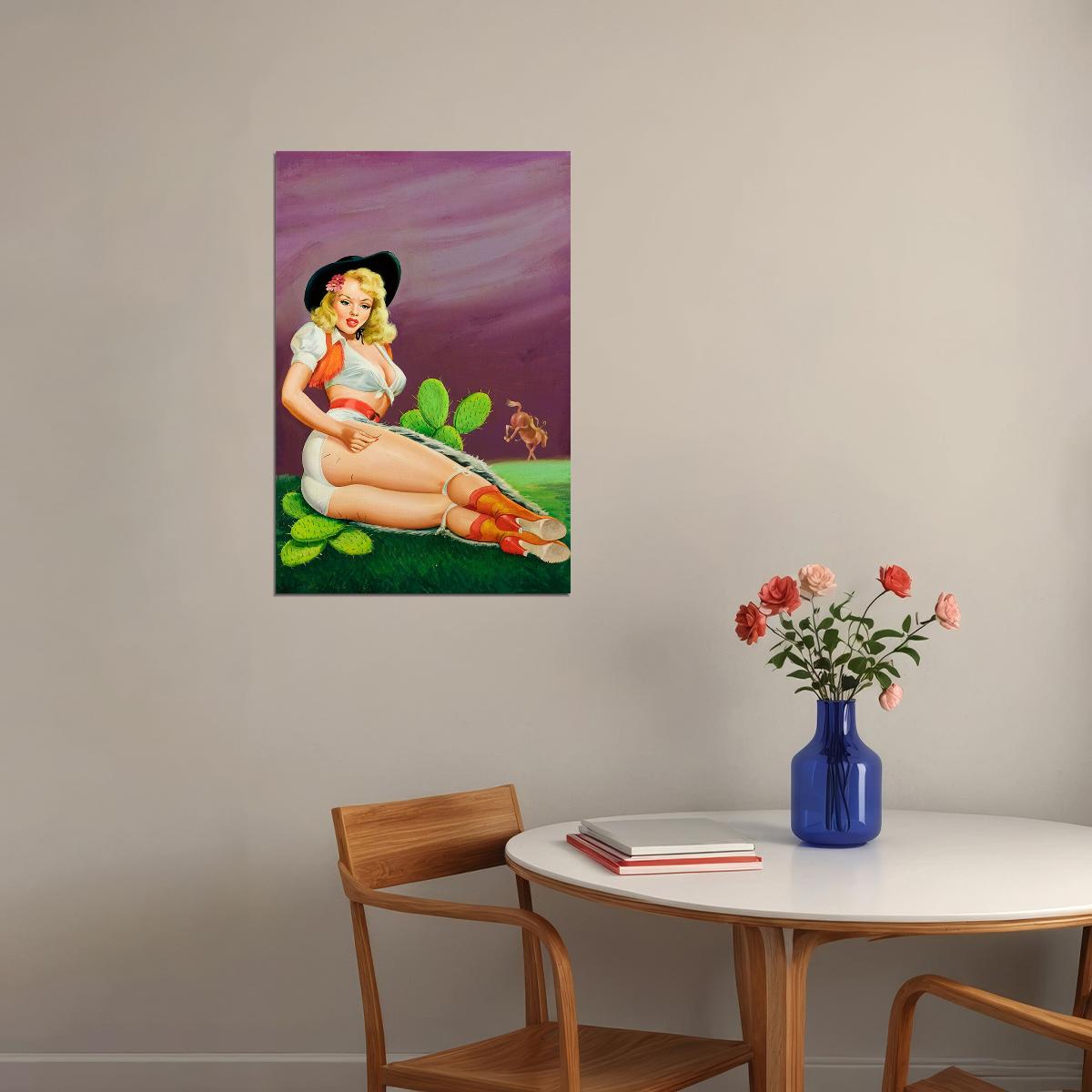 1950s Classic Cowgirl Pin-up Fallin’ On The Cactus Poster Wall Art Print Home Wall Decor - xonomax