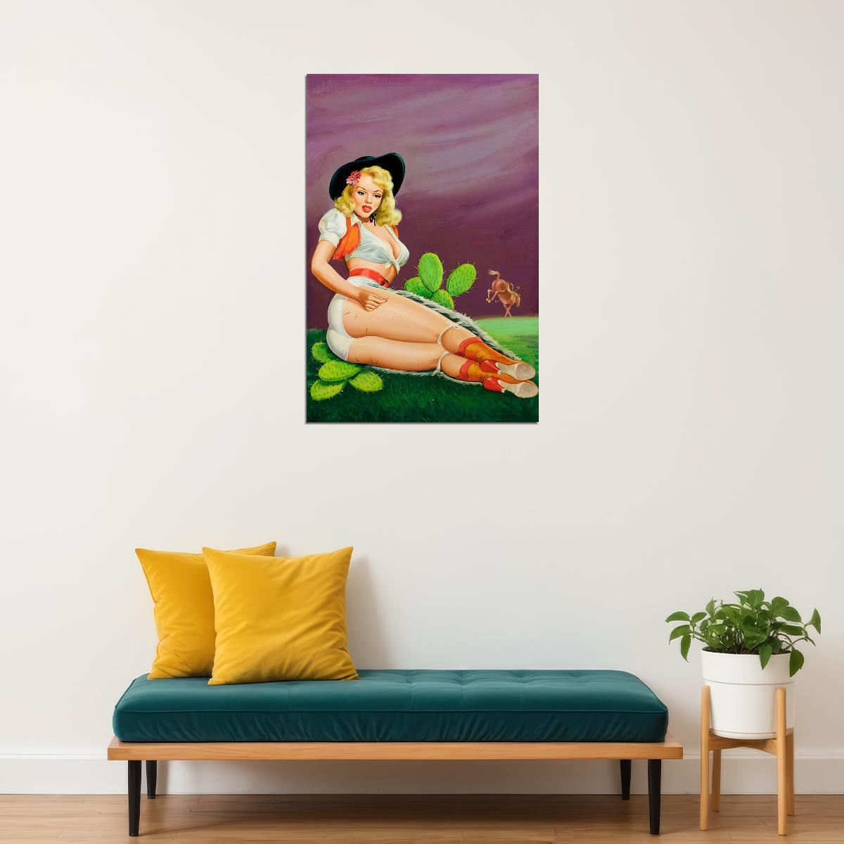1950s Classic Cowgirl Pin-up Fallin’ On The Cactus Poster Wall Art Print Home Wall Decor - xonomax