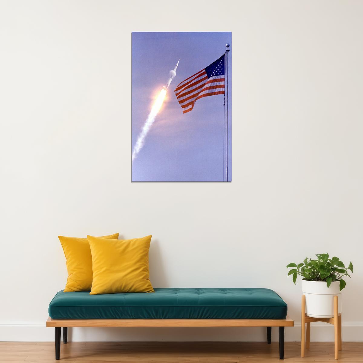 Apollo 11 Lift-off Photo Rocket And Us Flag Kennedy Space Poster Wall Art Print Home Wall Decor - xonomax