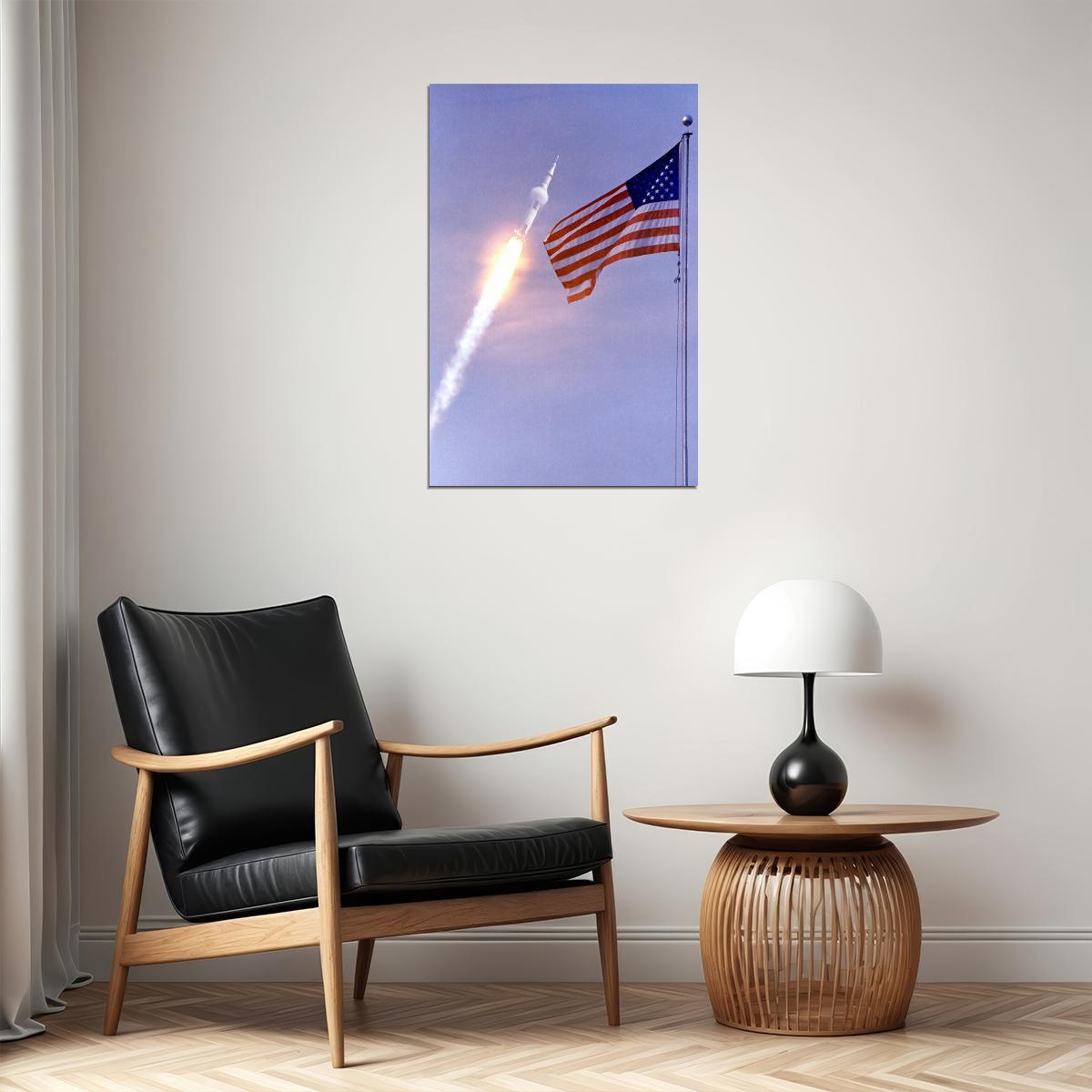 Apollo 11 Lift-off Photo Rocket And Us Flag Kennedy Space Poster Wall Art Print Home Wall Decor - xonomax
