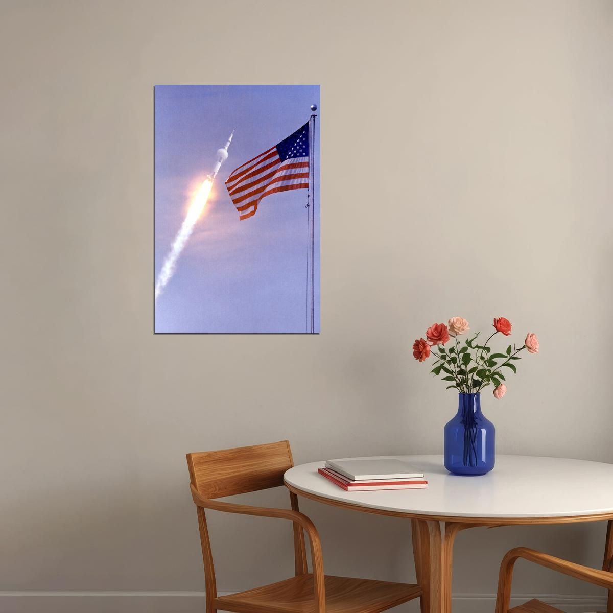 Apollo 11 Lift-off Photo Rocket And Us Flag Kennedy Space Poster Wall Art Print Home Wall Decor - xonomax