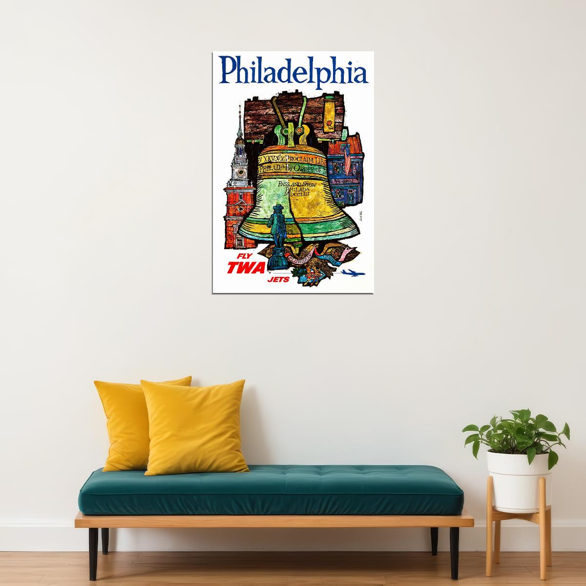 1960s Philadelphia Fly Twa Jets Vintage Airline Travel Poster Wall Art Print Home Wall Decor