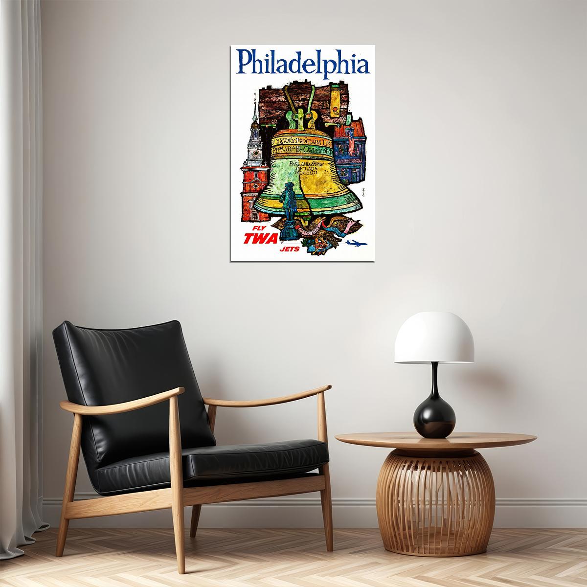 1960s Philadelphia Fly Twa Jets Vintage Airline Travel Poster Wall Art Print Home Wall Decor