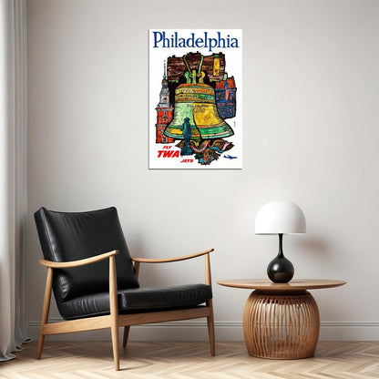 1960s Philadelphia Fly Twa Jets Vintage Airline Travel Poster Wall Art Print Home Wall Decor
