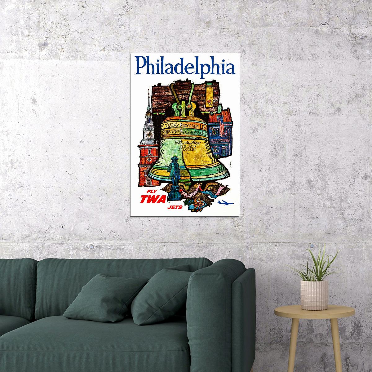 1960s Philadelphia Fly Twa Jets Vintage Airline Travel Poster Wall Art Print Home Wall Decor