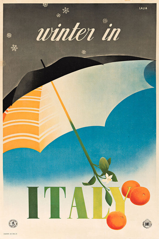 Winter In Italy Umbrella 1950s Vintage Style Travel Poster Wall Art Print Home Wall Decor - xonomax