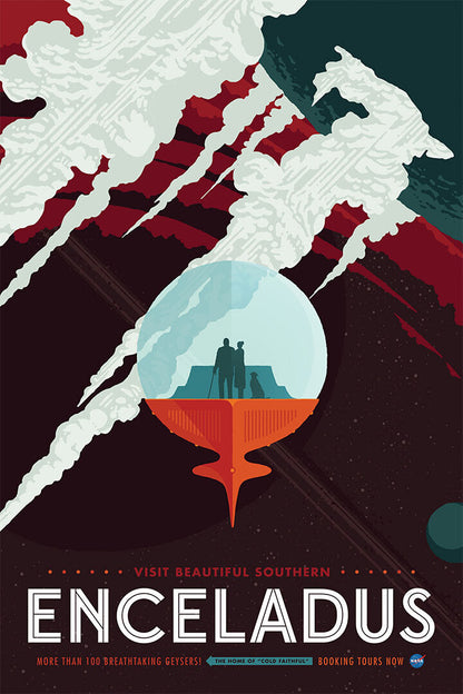 Retro Space Exploration Visit Saturn’s Moon Enceladus Poster Wall Art Print Home Wall Decor - xonomax