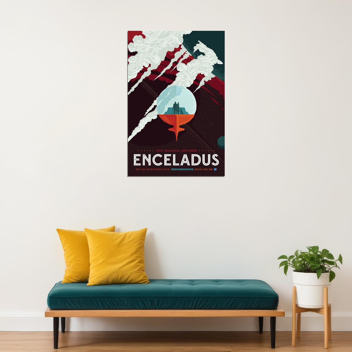 Retro Space Exploration Visit Saturn’s Moon Enceladus Poster Wall Art Print Home Wall Decor - xonomax