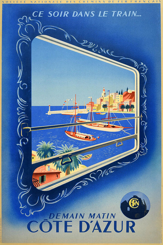 1947 French Riviera Cote D'azur By Train Vintage Travel Poster Wall Art Print Home Wall Decor - xonomax