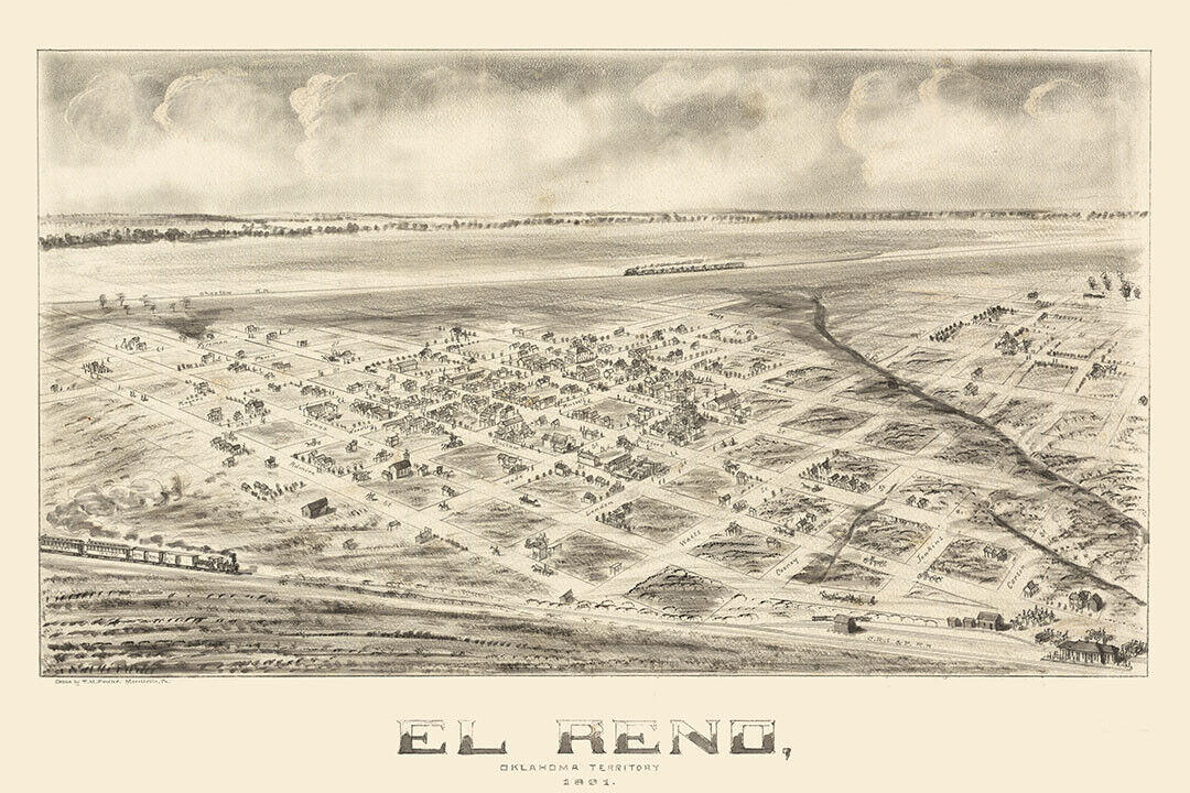 Bird's Eye View 1891 El Reno Oklahoma Vintage City Map Poster Wall Art Print Home Wall Decor