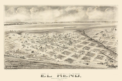 Bird's Eye View 1891 El Reno Oklahoma Vintage City Map Poster Wall Art Print Home Wall Decor