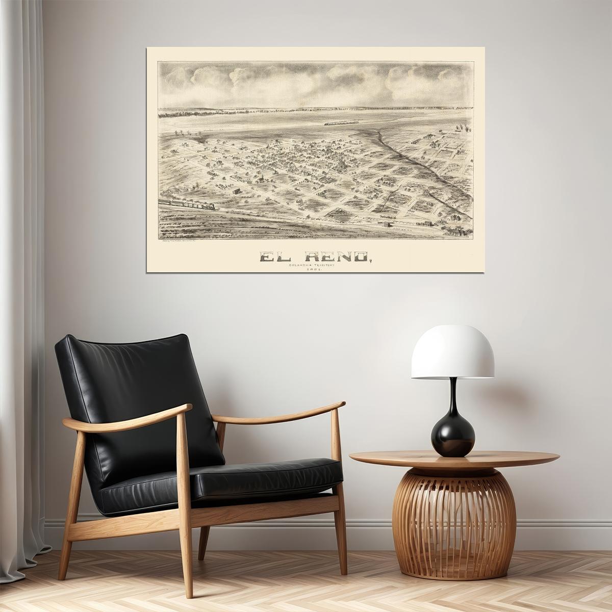 Bird's Eye View 1891 El Reno Oklahoma Vintage City Map Poster Wall Art Print Home Wall Decor