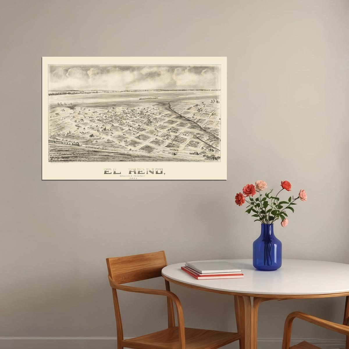 Bird's Eye View 1891 El Reno Oklahoma Vintage City Map Poster Wall Art Print Home Wall Decor