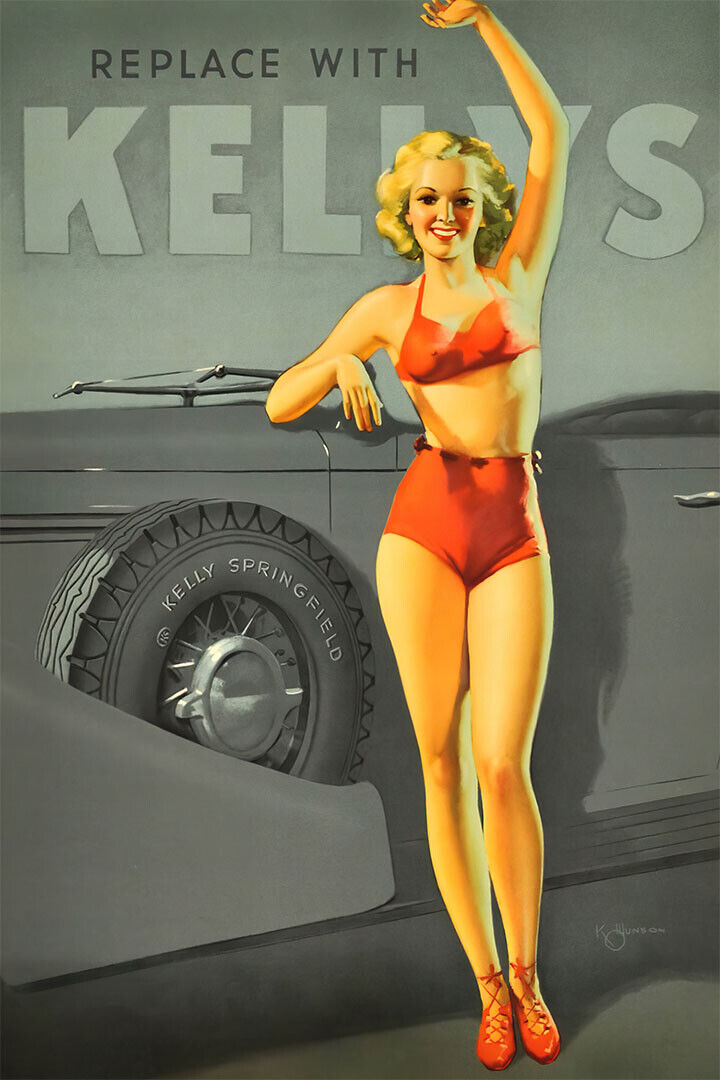 1930s Automotive Kelly Tires Vintage Style Pin-up Poster Wall Art Print Home Wall Decor