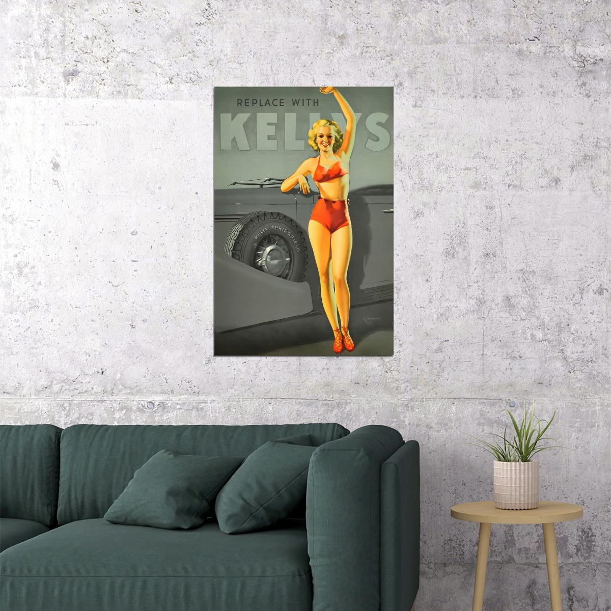 1930s Automotive Kelly Tires Vintage Style Pin-up Poster Wall Art Print Home Wall Decor
