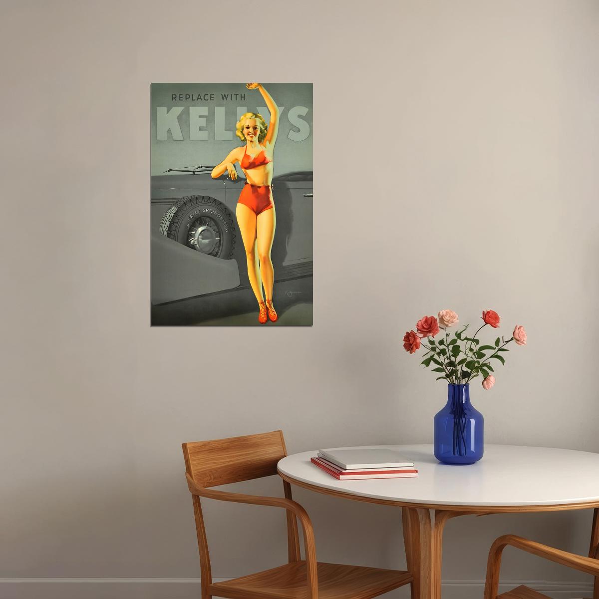 1930s Automotive Kelly Tires Vintage Style Pin-up Poster Wall Art Print Home Wall Decor