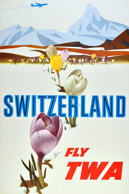 Fly Twa 1950s Visit Switzerland Vintage Airline Travel Poster Wall Art Print Home Wall Decor