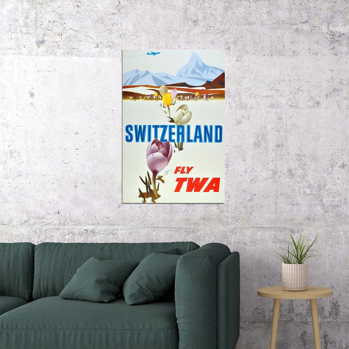 Fly Twa 1950s Visit Switzerland Vintage Airline Travel Poster Wall Art Print Home Wall Decor