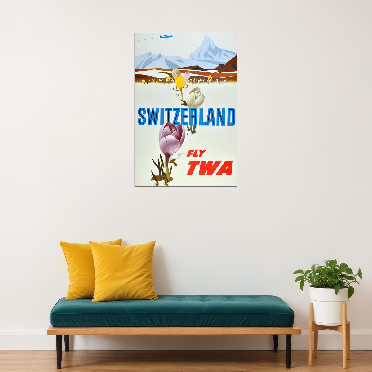 Fly Twa 1950s Visit Switzerland Vintage Airline Travel Poster Wall Art Print Home Wall Decor