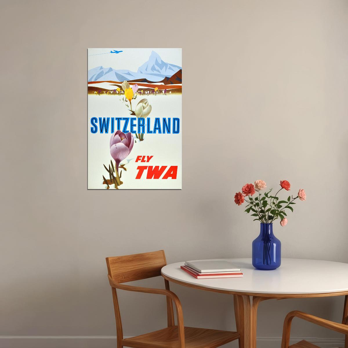 Fly Twa 1950s Visit Switzerland Vintage Airline Travel Poster Wall Art Print Home Wall Decor