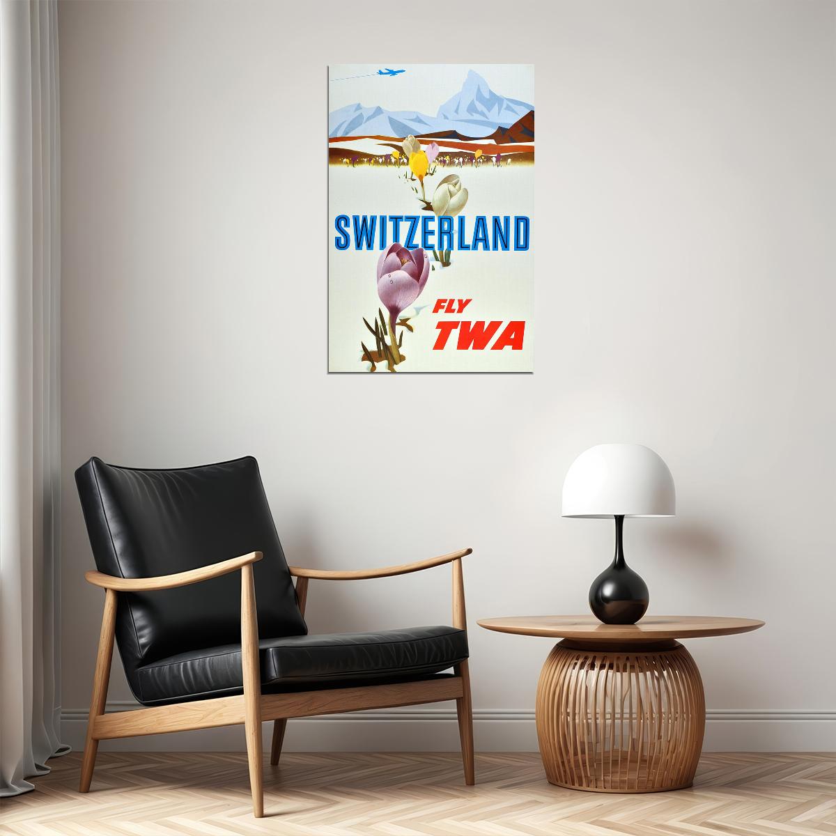 Fly Twa 1950s Visit Switzerland Vintage Airline Travel Poster Wall Art Print Home Wall Decor