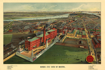 Bird's Eye View 1902 Boston Massachusetts Vintage City Map Poster Wall Art Print Home Wall Decor