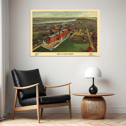 Bird's Eye View 1902 Boston Massachusetts Vintage City Map Poster Wall Art Print Home Wall Decor