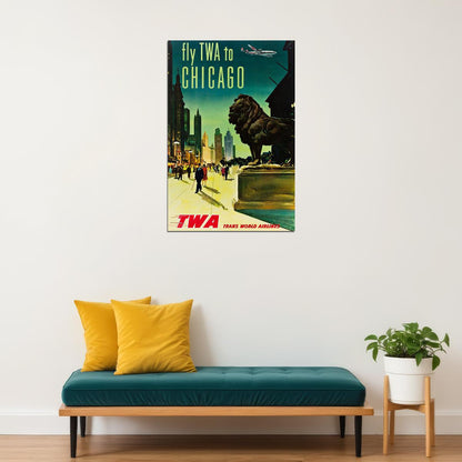 1960s Fly Twa To Chicago Vintage Style Airline Travel Poster Wall Art Print Home Wall Decor