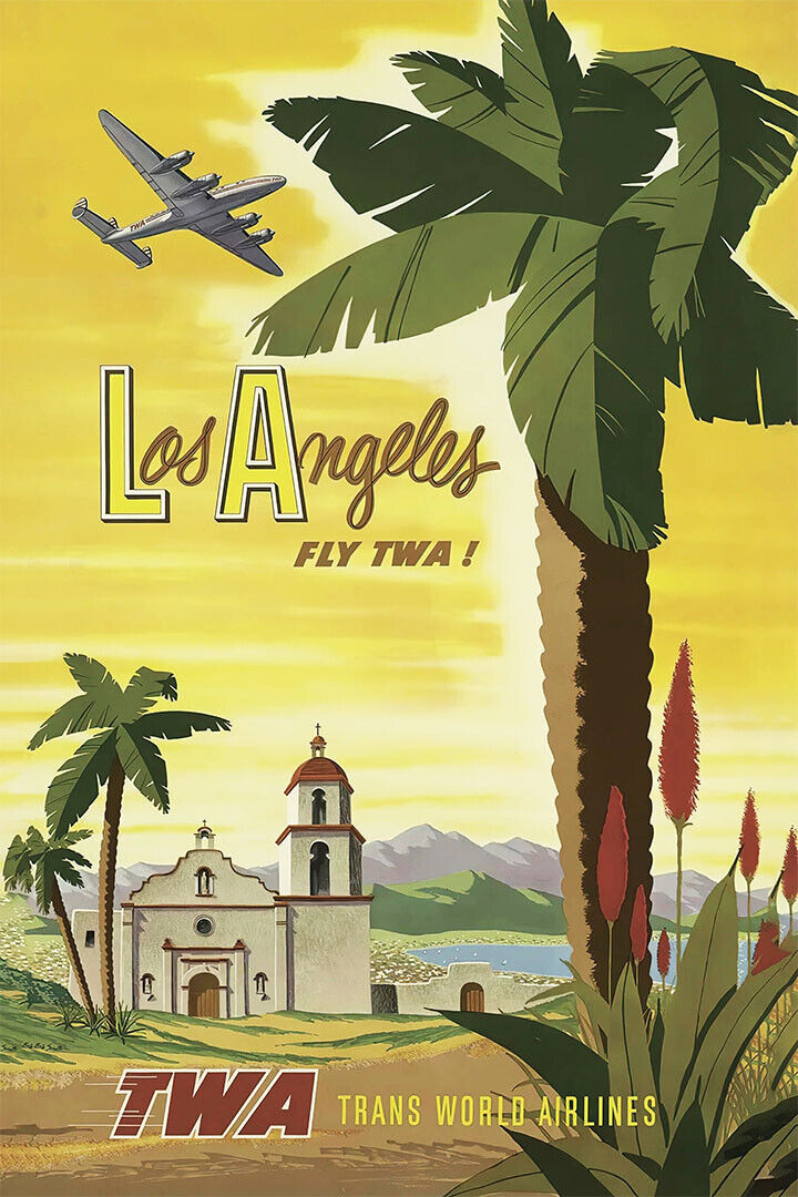 1955 Los Angeles California Twa Vintage Airline Travel Poster Wall Art Print Home Wall Decor