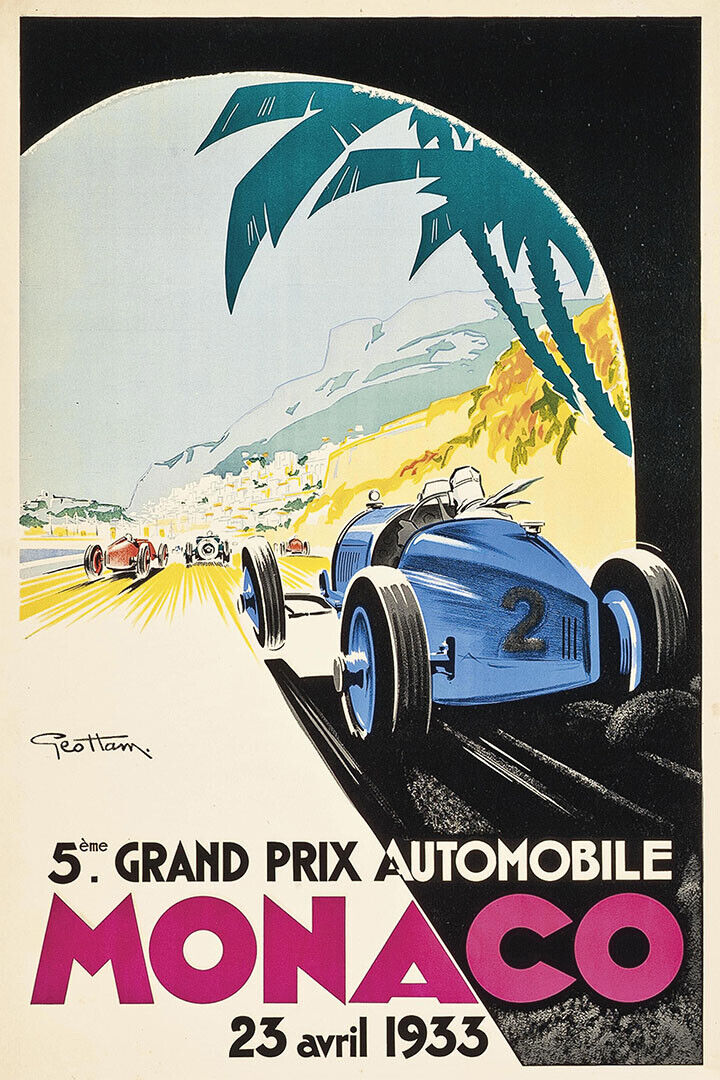 1933 Monaco Blue Race Car Vintage Style Grand Prix Racing Poster Wall Art Print Home Wall Decor