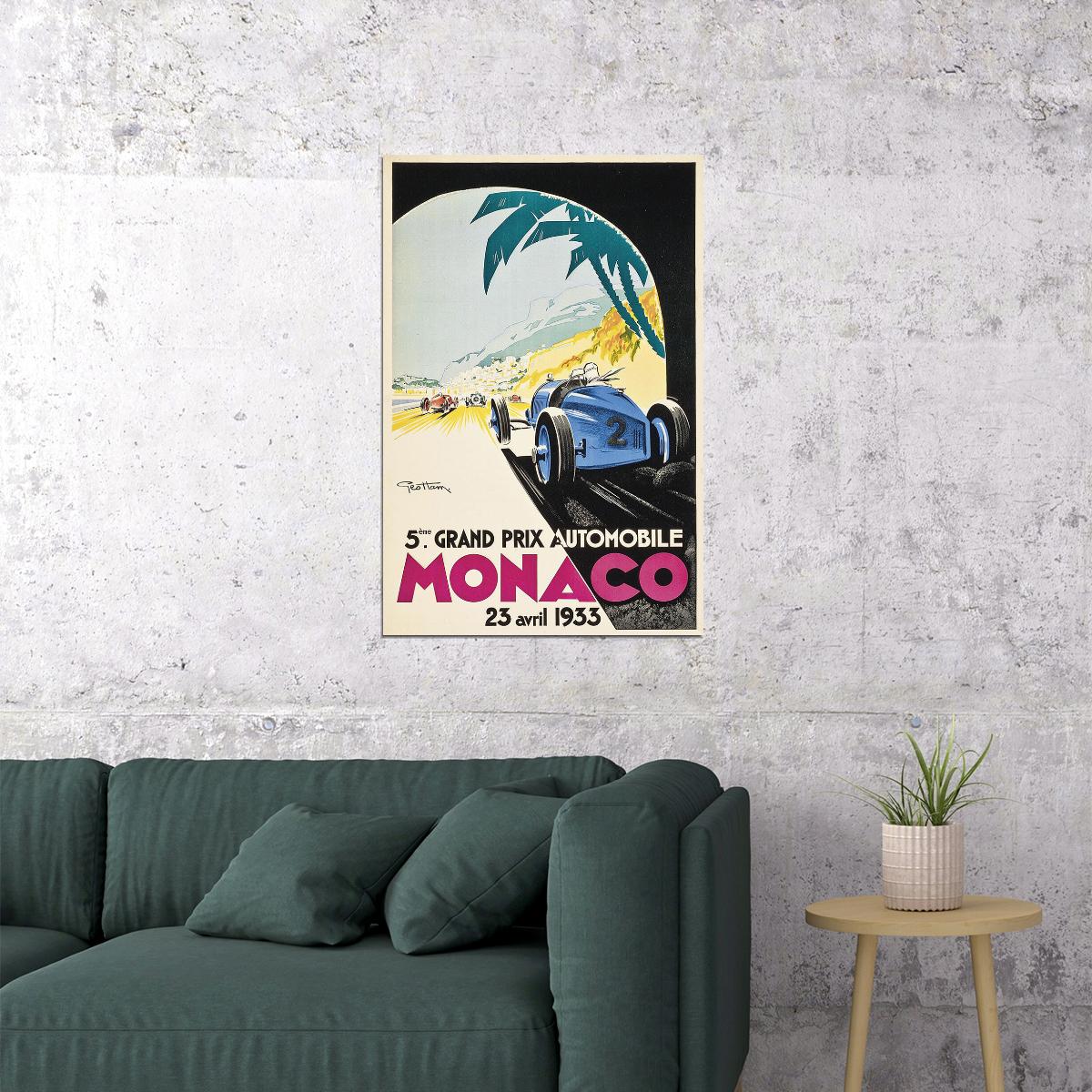 1933 Monaco Blue Race Car Vintage Style Grand Prix Racing Poster Wall Art Print Home Wall Decor