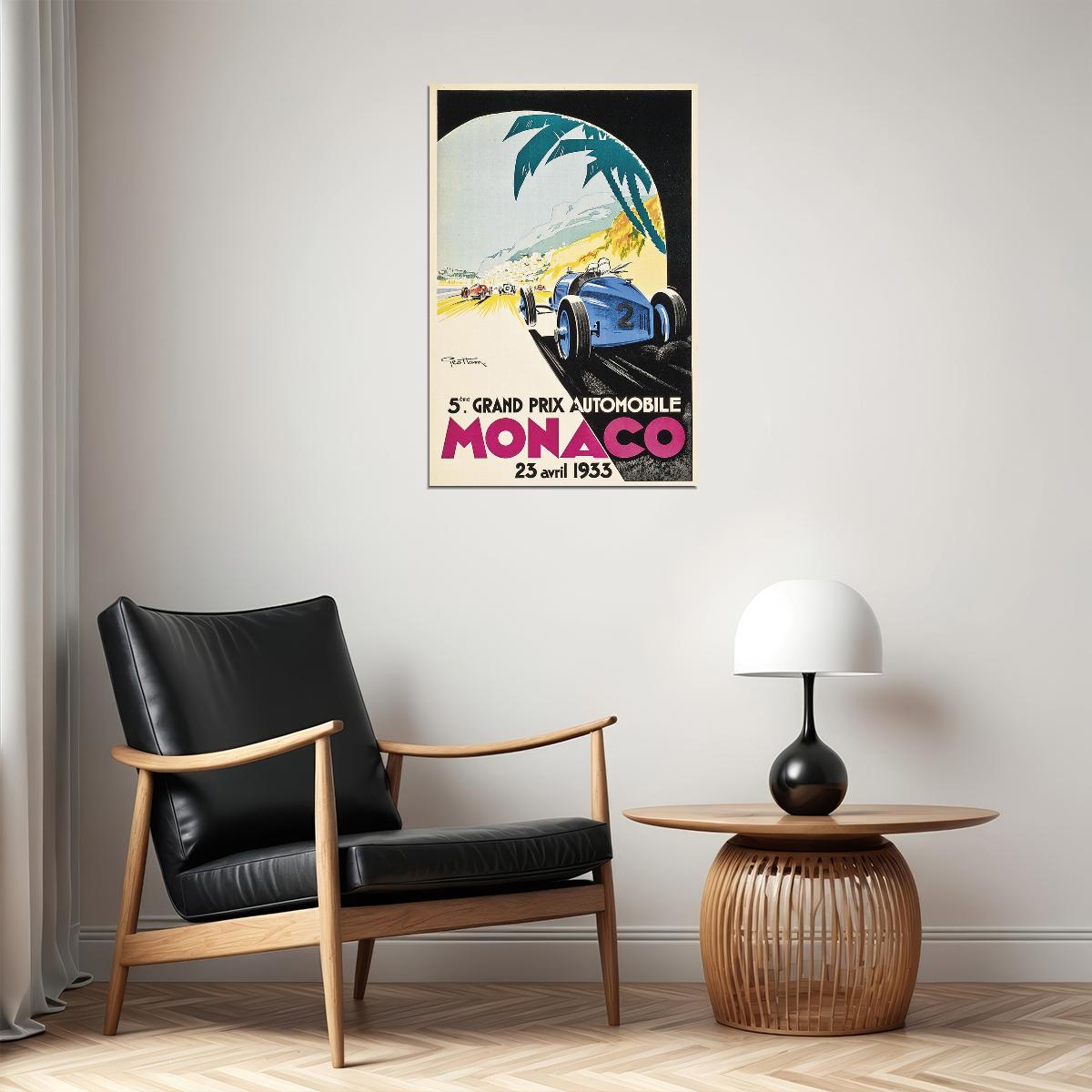 1933 Monaco Blue Race Car Vintage Style Grand Prix Racing Poster Wall Art Print Home Wall Decor